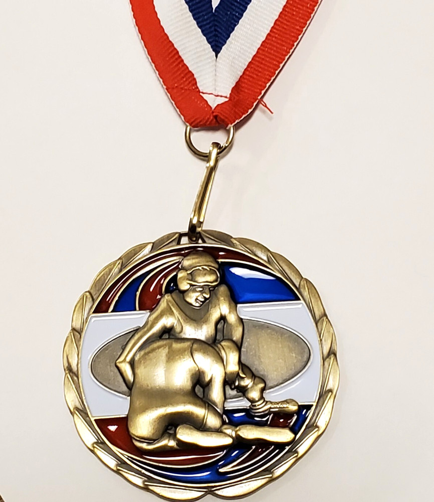 Wrestling medal, Gold, red, white, blue 2.5&Prime; individual award, lanyard, engraved