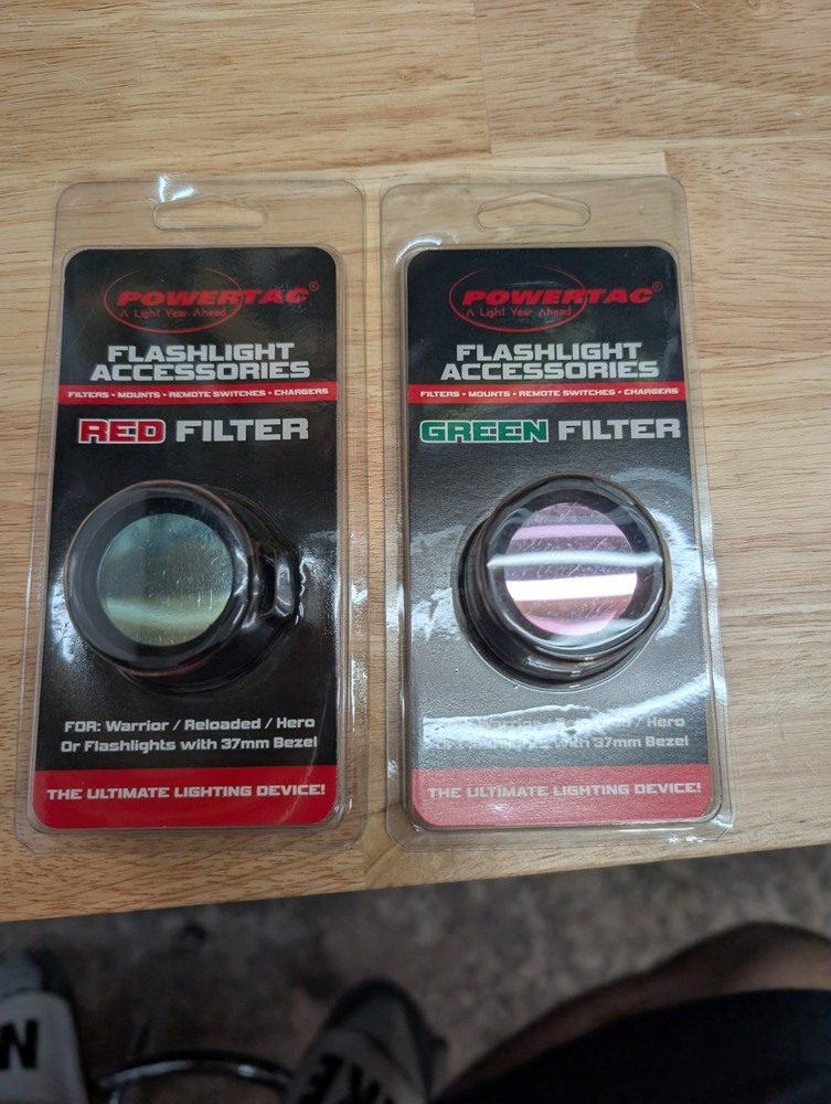 New Powertac 37mm Slip On Lens Color Flashlight Filter Red & Green 2 Piece