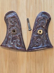 ANTIQUE REVOLVER GRIPS WOODEN FANCY CARVED FOR UNKNOWN TO ME PISTOL