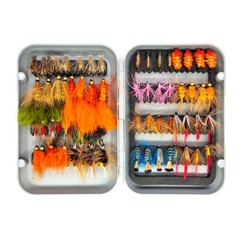 Fly Fishing Flies Kit Assortment Trout Bass with Fly Box Dry/Wet Flies 64pcs