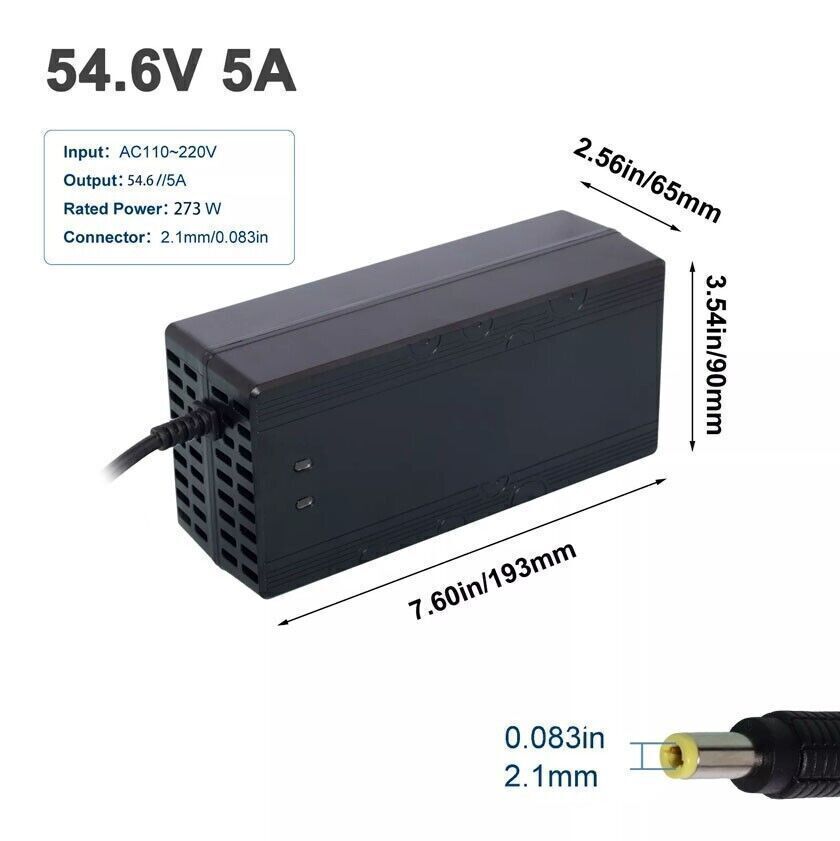 54.6V/5A Charger Adapter DC5.5*2.1 Plug Fast Charge For 48V Ebike Li-ion Battery