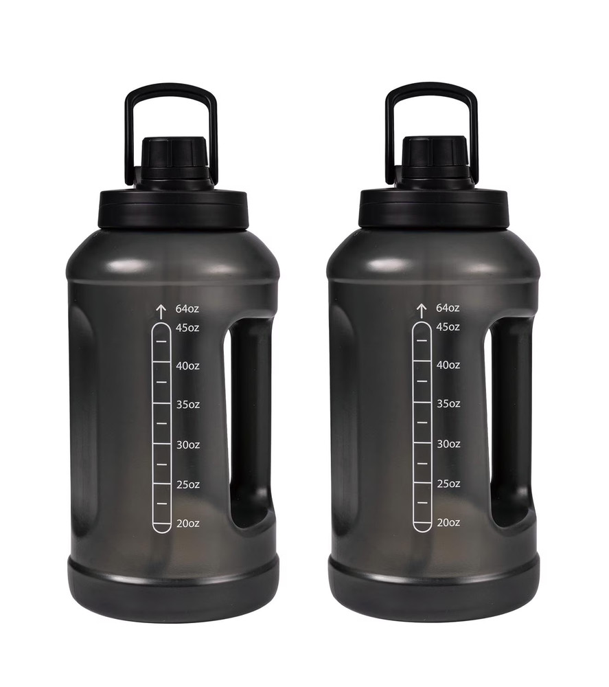 Mainstays 64 Fluid Ounces Reusable Water Bottle, Black, Straw, Plastic pack of 2