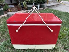 Vtg Red Metal Coleman Cooler with Folding Handles 1974 Germany World Cup Horse