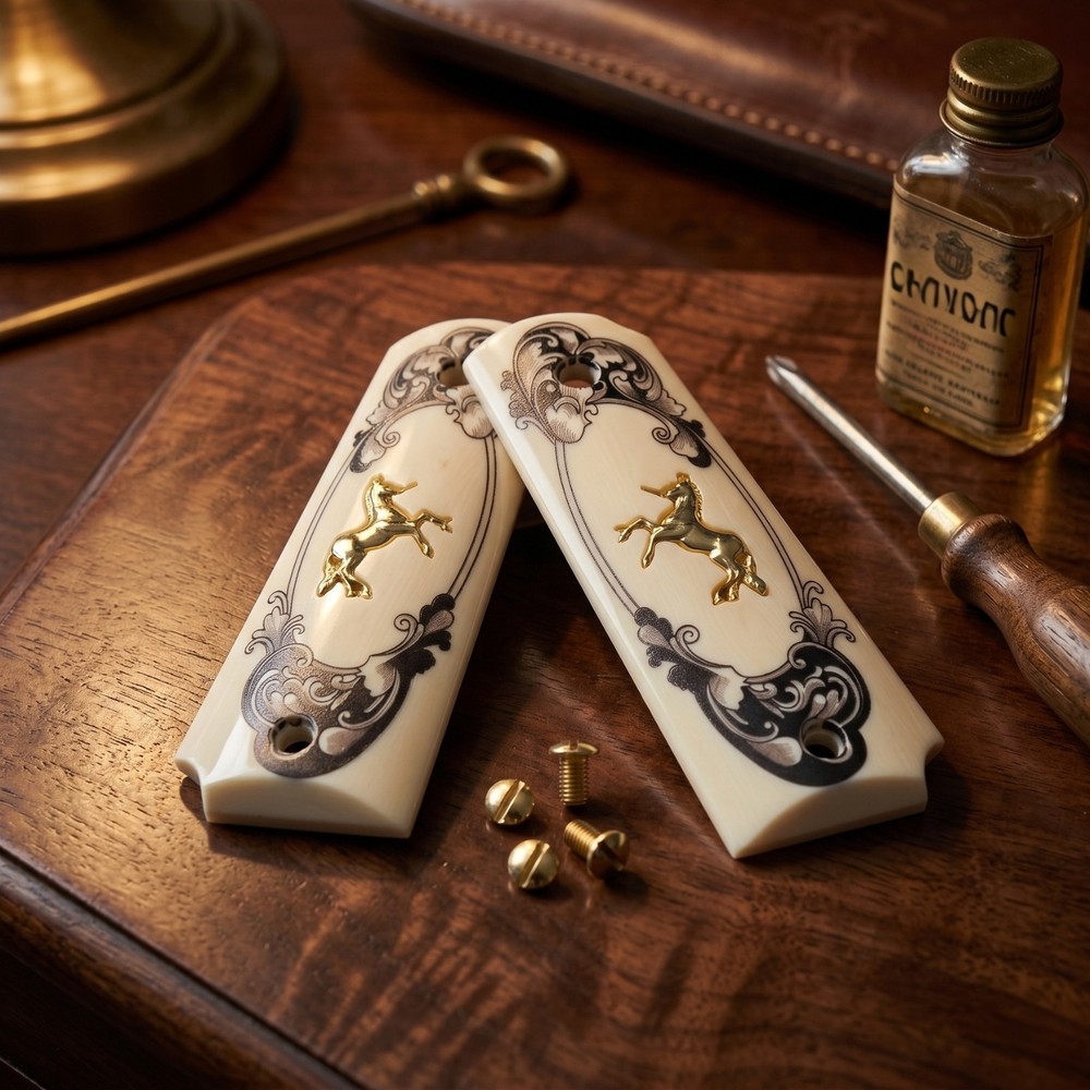 1911 Grips Full Size Ivory Pearl Gold Rampant Colt Horse Medallion Government