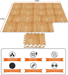 Sorbus Wood Grain Foam Floor Mat Set – 16 Interlocking Tiles (Pine Finish), 3/8&Prime;