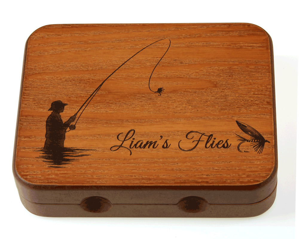 Personalised Wooden Fly Box 13×10×3 cm – Engraved Pocket Fly Fishing Angler Gift
