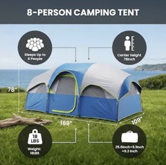 8 Person Family Camping Tent, Coated Polyester with Sealed Seams & Tent Fly,…