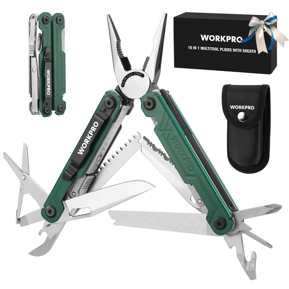 WORKPRO 18-in-1 Multi Tool Plier Stainless Steel Multitool Pocket Knife w/2 Lock