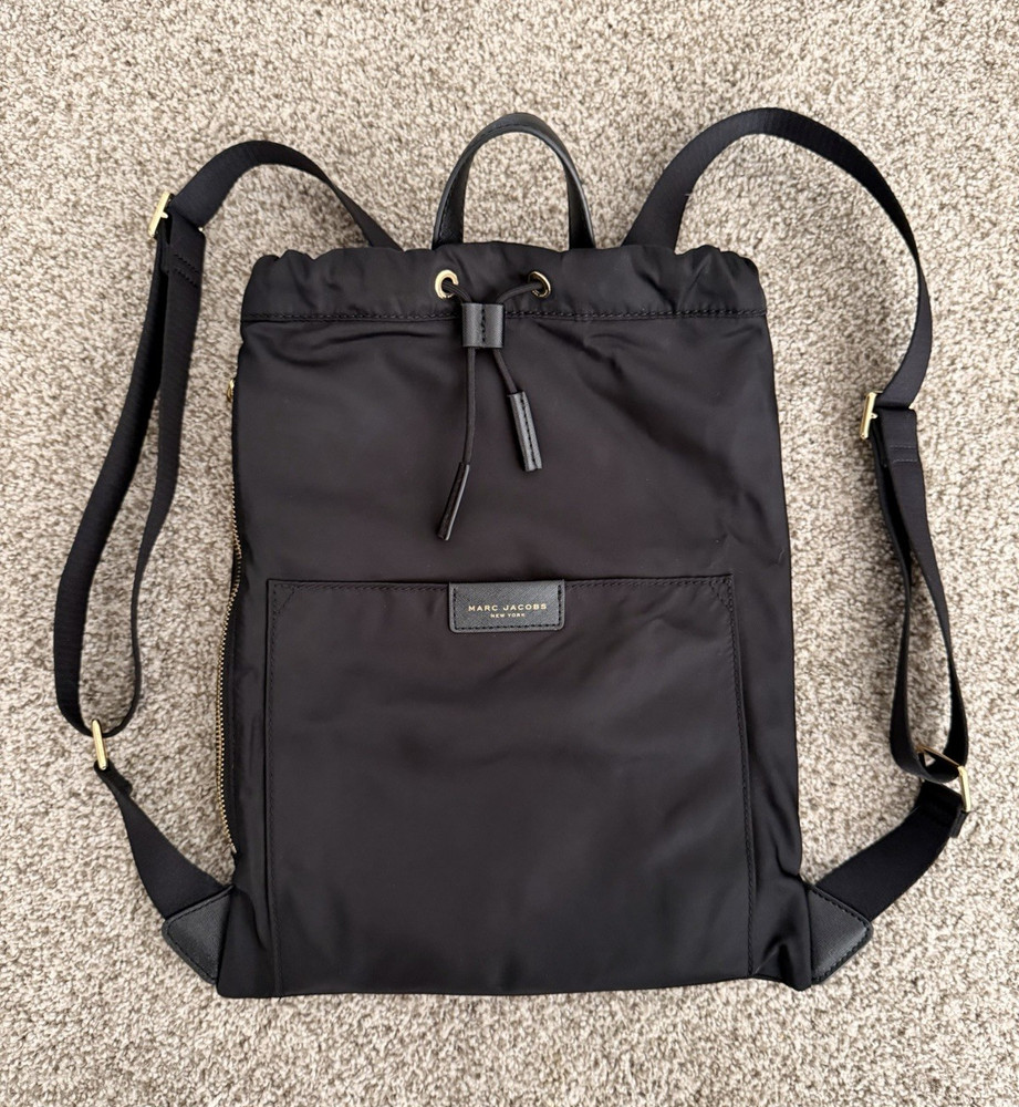 Marc Jacobs Black Nylon Backpack / Gold Hardware / Drawstring & Zip Pocket / New