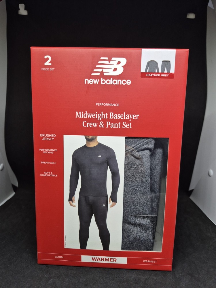 New Balance Mens Midweight Base Layer Crew / Pants 2-Piece Set Grey Sealed