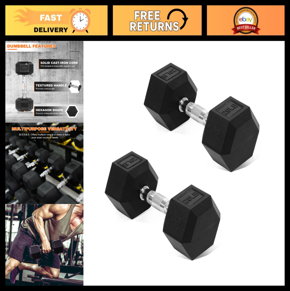 Rubber Coated Hex Dumbbells Hand Weights for Home Gym Fitness, 5-50 LB Pair