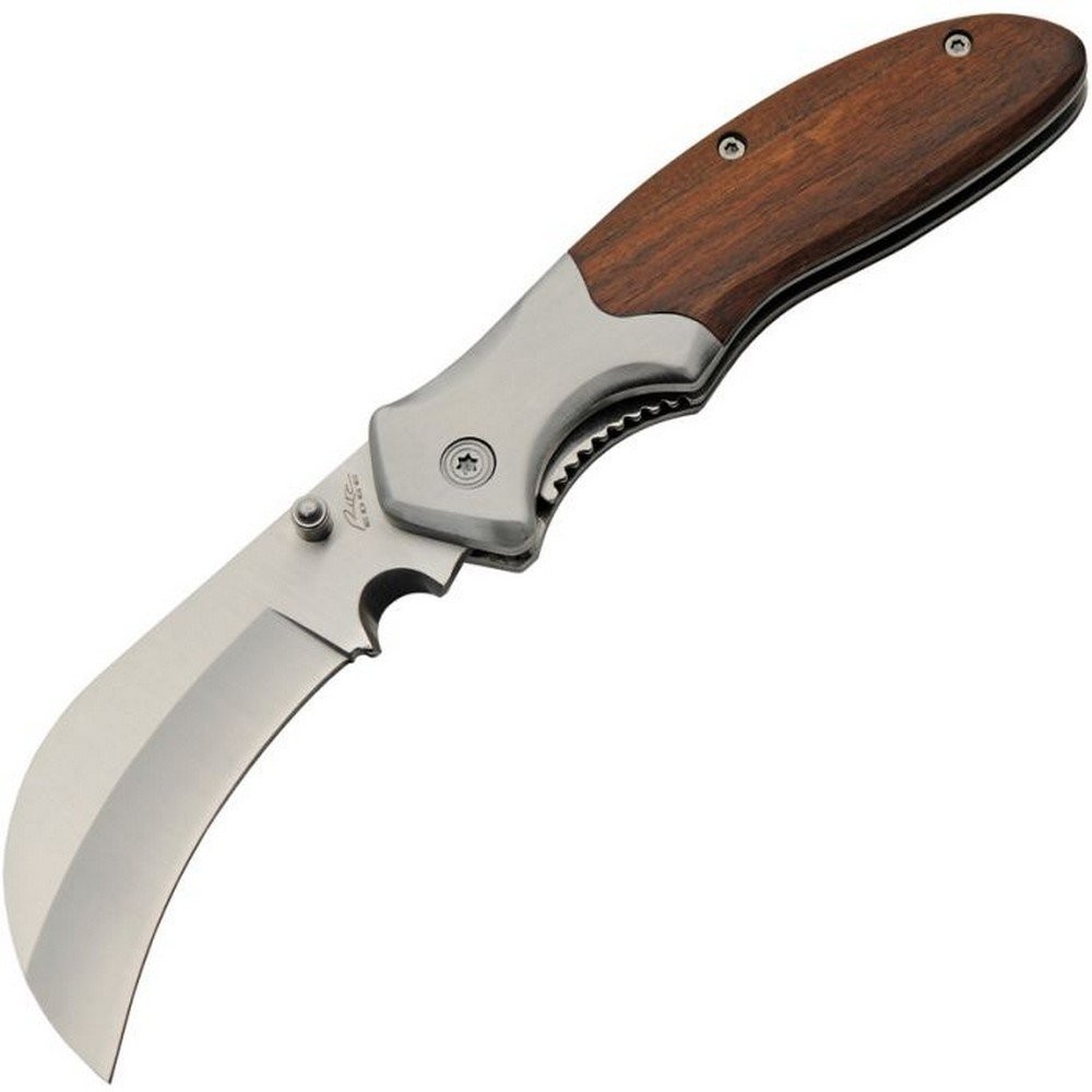 China Made 3Cr13 Stainless Hawkbill Blade Brown Wood Handle Folding Knife 211637