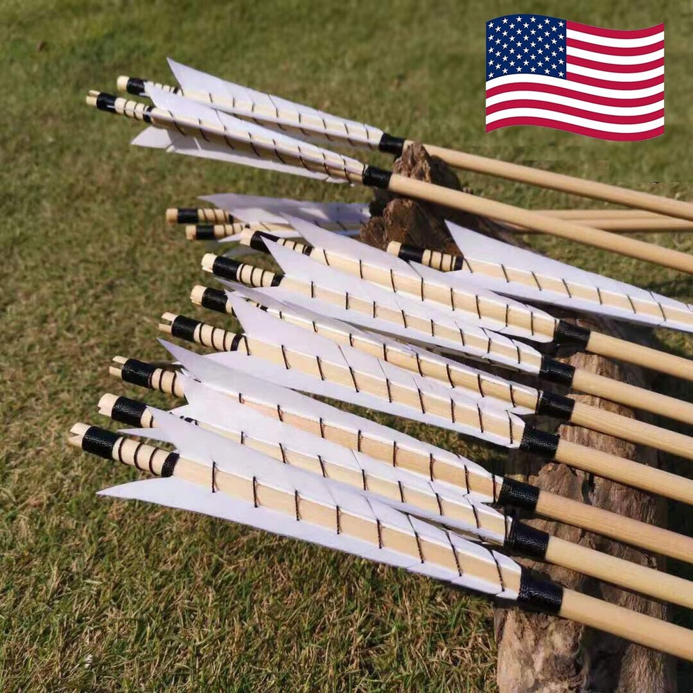 12X 32&Prime; Archery Feather Wooden Arrows Traditional Longbow Recurve Bow Hunting