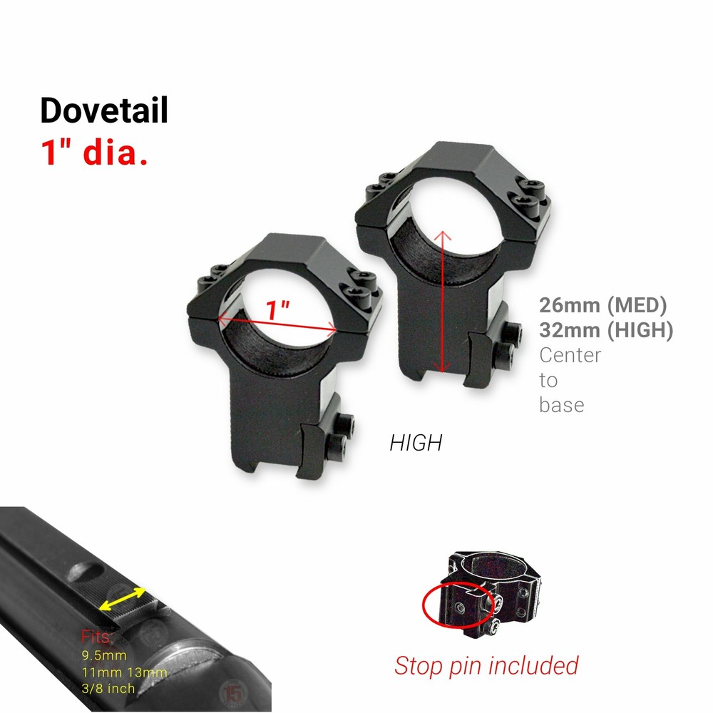 1&Prime; DOVETAIL 3/8 Scope Rings 9.5mm 11mm 13mm MEDIUM or HIGH PROFILE (2 rings)