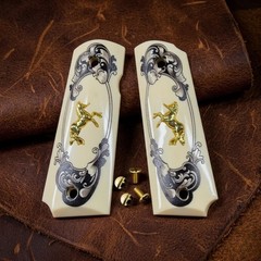 1911 Grips Full Size Ivory Pearl Gold Rampant Colt Horse Medallion Government
