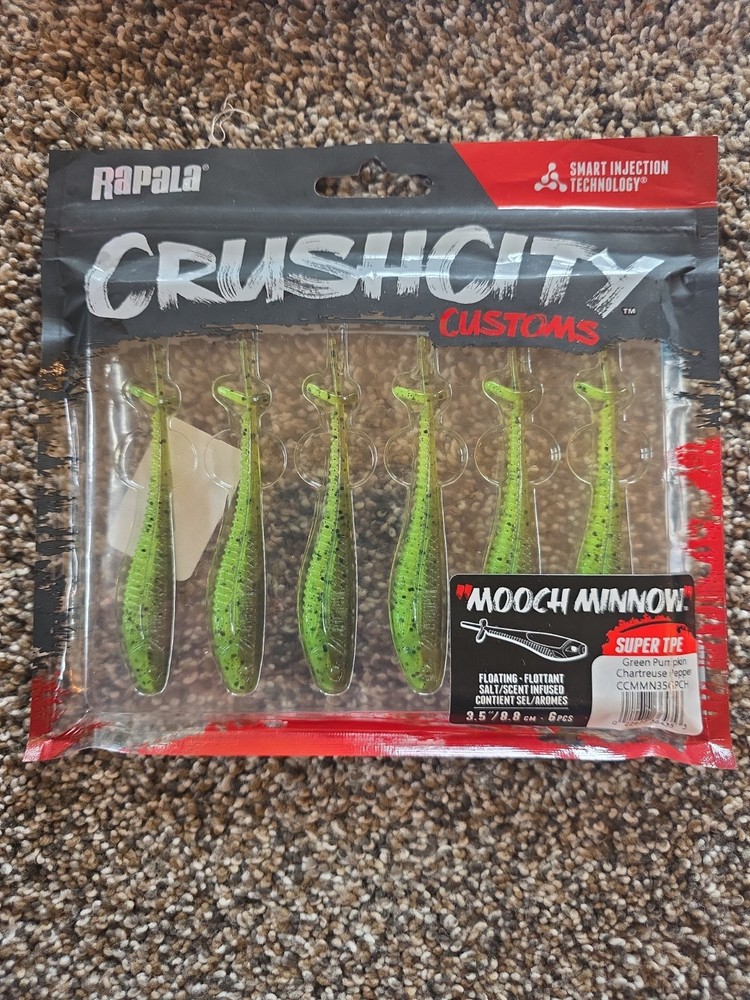 Rapala Crush City 3.5&Prime; Mooch Minnow Green Pumpkin Charteuse Pepper
