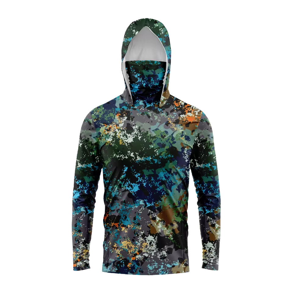Men UPF 50+ Fishing Hoodie Shirt Long Sleeve Camo Hunting Sun Protection Mask