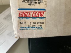 100 Eagle Claw 3934M TREBLE HOOKS 3X STRONG #1 STRAIGHT POINT BRONZE FREE SHIP