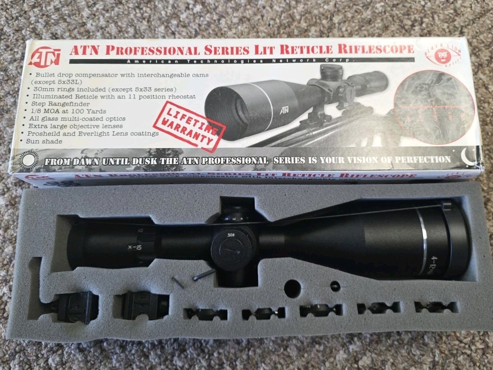 ATN 4- 12×60 LU Rifle Scope Mount Black 30mm Rings Rangefinder Never Used.