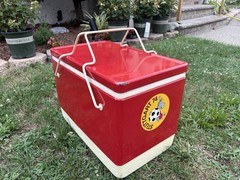 Vtg Red Metal Coleman Cooler with Folding Handles 1974 Germany World Cup Horse